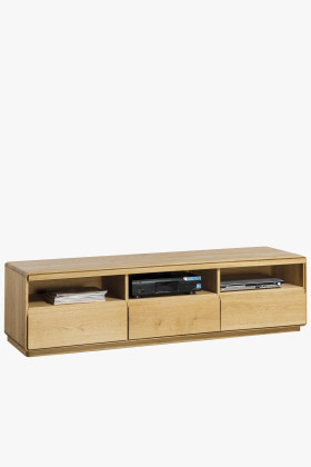 Masszív natúr tölgyfa TV-szekrény 3 fiókkal és polcokkal